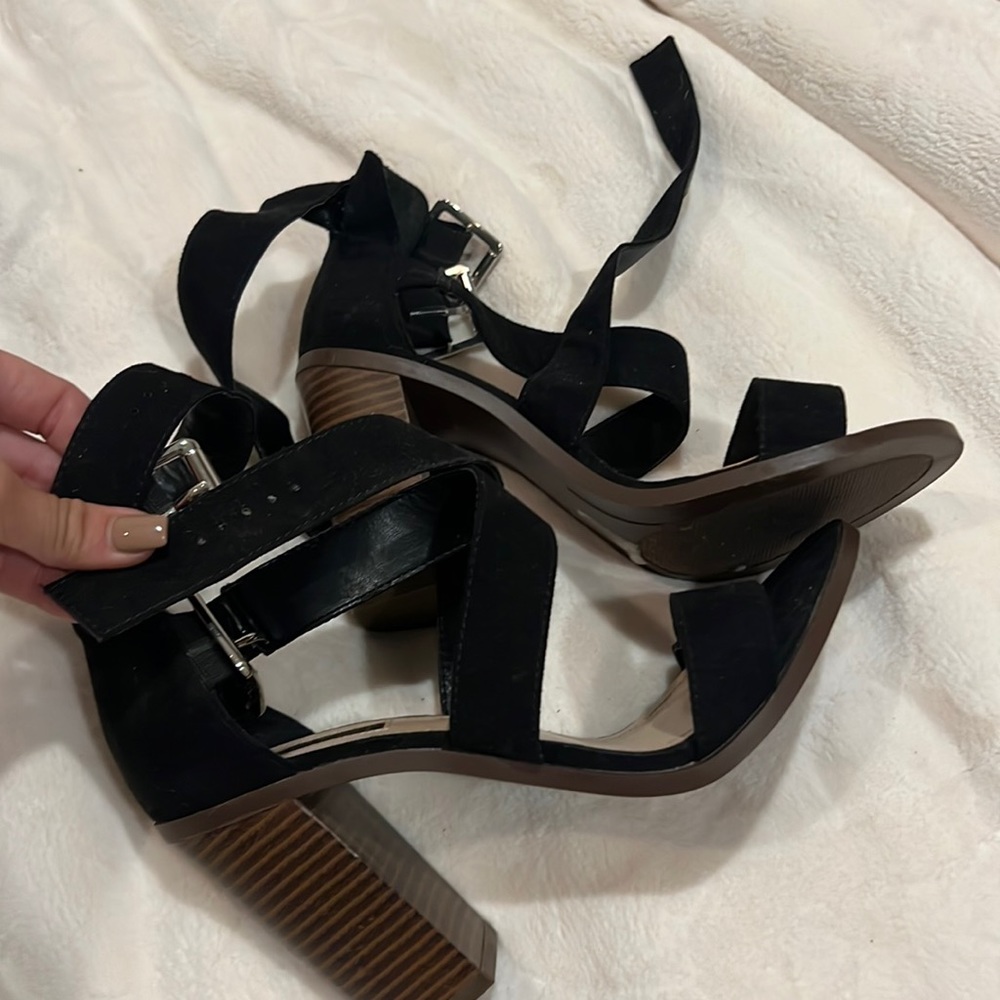 Chunky suede ankle tie heels